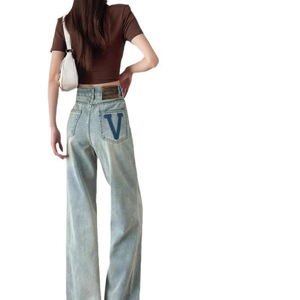 Light Color Straight Leg Jeans Women's 2024 Summer Fashionable High Waist Slimming plus size Loose Wide Leg Pants