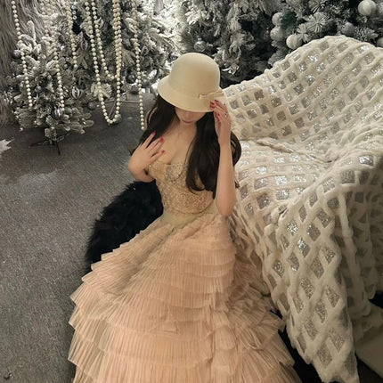 Socialite Sexy bling Lace Tube Top Beaded Sling Short Off-the-Waist Vest Tousled Long Skirt Cake Skirt suit
