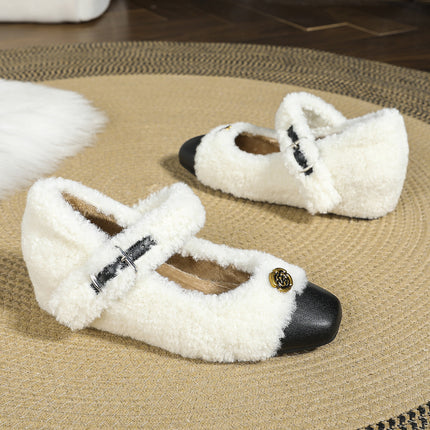 Small Size Mary Jane Soft Mao Shoes Women's Winter Outer Wear Square Head fleece-lined Camellia Flower Inner Height Increase Shoes Warm Cotton Shoes