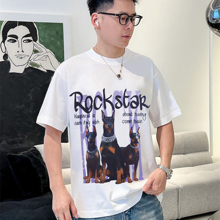 Trendy Brand American Rock Digital Printed Alphabet Doberman Dog Three Dog Short-sleeved T-shirt Fat Man Plus Fat Plus Duffy Handsome