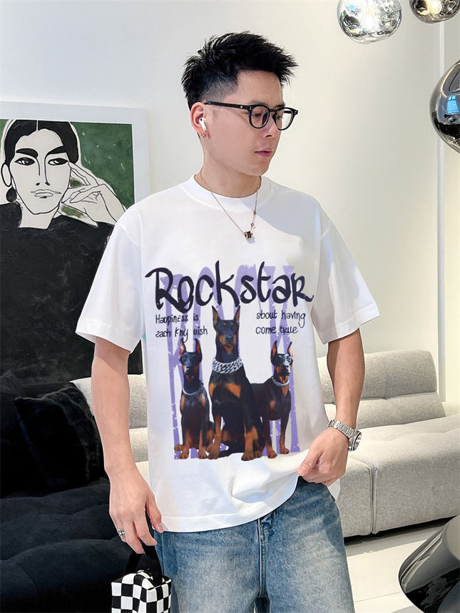 Trendy Brand American Rock Digital Printed Alphabet Doberman Dog Three Dog Short-sleeved T-shirt Fat Man Plus Fat Plus Duffy Handsome