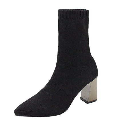 Knitted Stretch Socks Boots Women's Short Boots 2023 Autumn and Winter Explosions Single Boots Pointed Thick Heel High Heels Slim Look Martin Boots