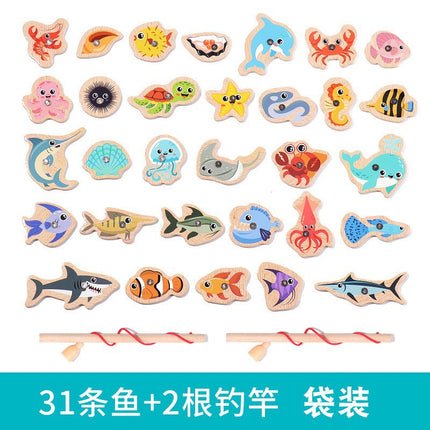 Magnetic Wooden Barrel Marine Fishing Toy Children's Early Education Educational Cognitive Fun Boys and Girls Parent-Child Games