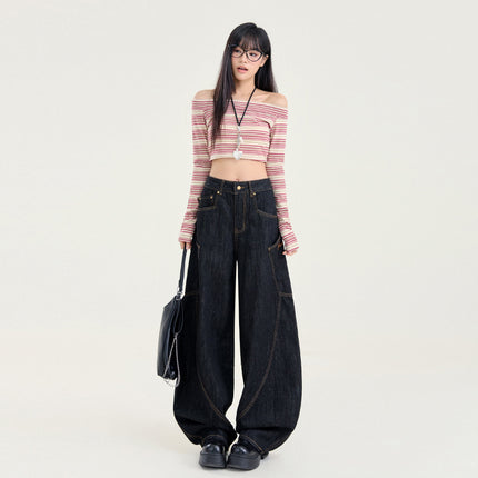 Vintage Trendy Brand Scimitar Wide Leg Jeans Women's Autumn and Winter 2024 New Straight Loose High Waist Slimming Mop Pants