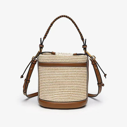 Zr Women's Bag 2025 New Color-Blocked Straw Shoulder Crossbody Bag Beach Outing Handbag Woven Bucket Bag Versatile
