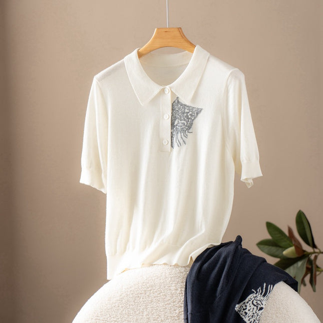 2026 Spring and Autumn Fine Knit Pure Cashmere Intarsia Short Sleeve 18-Gauge Thickened Thin Knit Sweater with Cat Head Design Versatile Knitwear