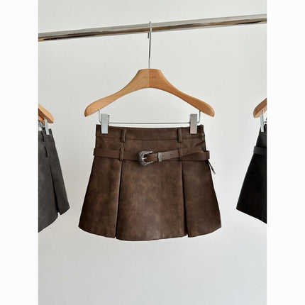 american Retro Hot Girl a-line Skirt Women's autumn New High Waist pu Leather Skirt Hip Skirt Rubbed Color Distressed Short Skirt