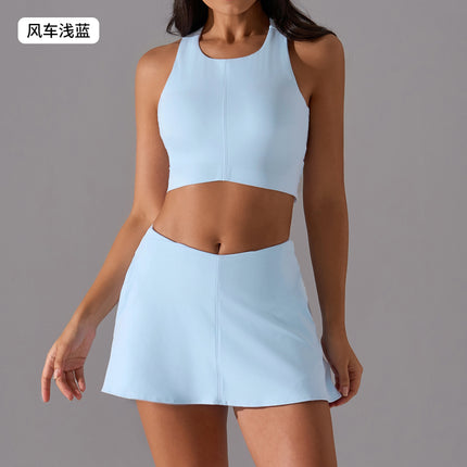 Fashion Contrast Color Yoga Clothing suit Shock-proof Push-up Sports Underwear Naked-feeling Band Lined Sports Skirt suit Women