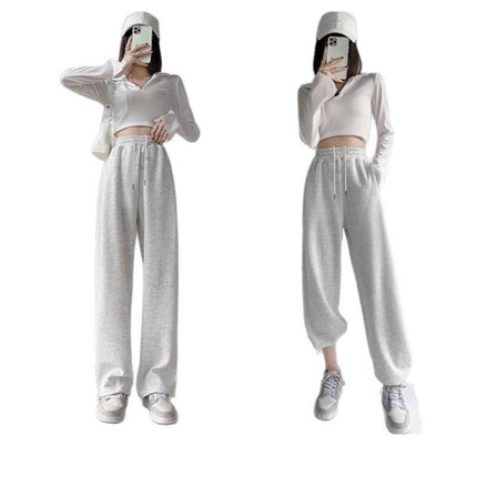 Drawstring Convertible Sweatpants for Women, Spring and Autumn 2025 New Style, Loose Casual American Style, White and Gray, Petite Straight-Leg Sweatpants