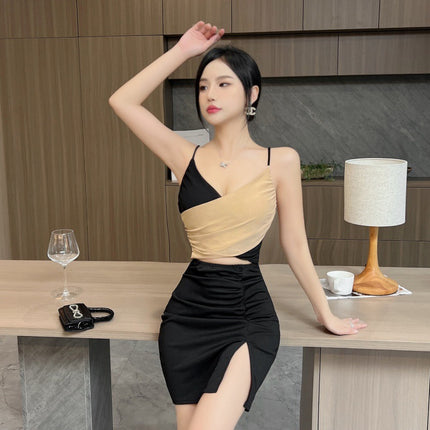 Hot girl style sexy women's mesh contrast color hollow low-cut sling dress night shop night club work clothes