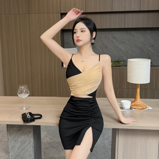 Hot girl style sexy women's mesh contrast color hollow low-cut sling dress night shop night club work clothes