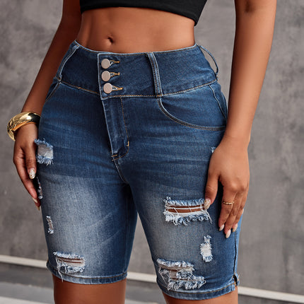 European and American Aliexpress Independent Station Women's Pocket Ripped Tight Casual Versatile Denim Shorts