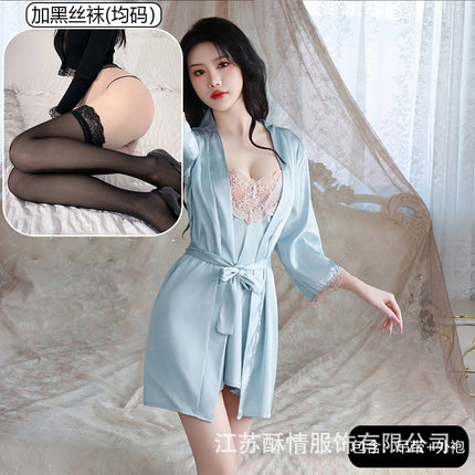 Suqing New Spring and Summer Comfortable Pajamas Backless Sweet Embroidered Lace Sling Nightgown Women's Cardigan Home Clothes suit