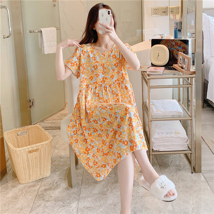 Cotton Silk Nightgown for Women, Summer Thin Short-Sleeved Printed Large Size Nightgown, Pregnant Women Can Wear It Outside, Cool Rayon Home Clothes