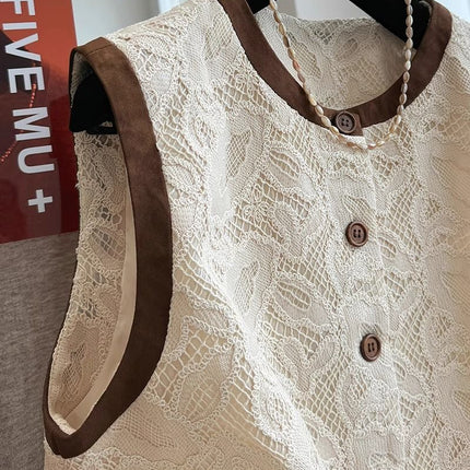 Super Good-looking Light Luxury Chanel Style Lace Outer Wear Round Neck Sleeveless Vest Women's Spring and Autumn Waistcoat Top