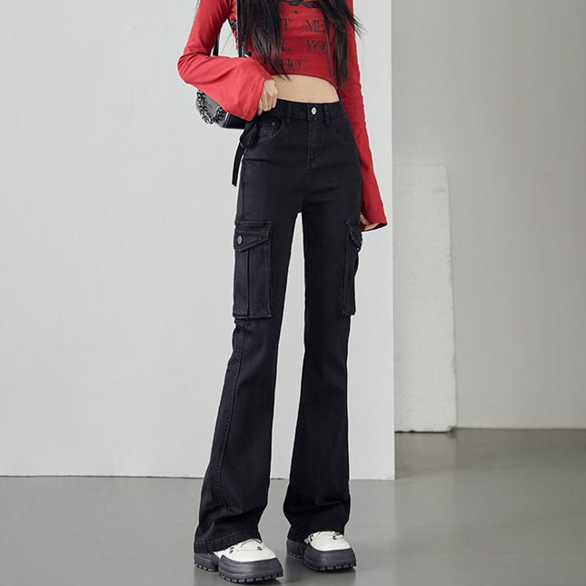 High Waist Micro Horn Denim Cordwork Pants Women's Autumn and Winter 2024 New American Black Slim Look Multi-Pocket Mop Pants