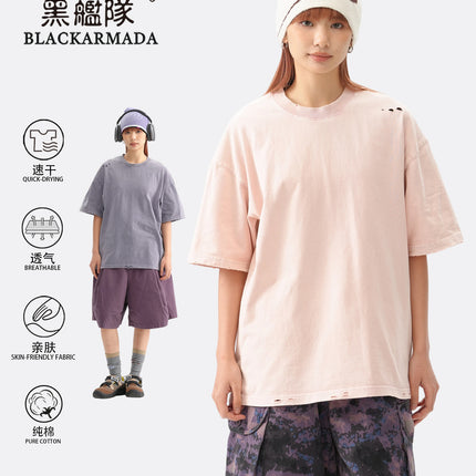 Black Fleet Distressed Short-Sleeve T-Shirt, Pure Cotton, Washed, Versatile for Everyday Wear, Crew Neck, Drop Shoulder, Half-Sleeve Top Mgd202