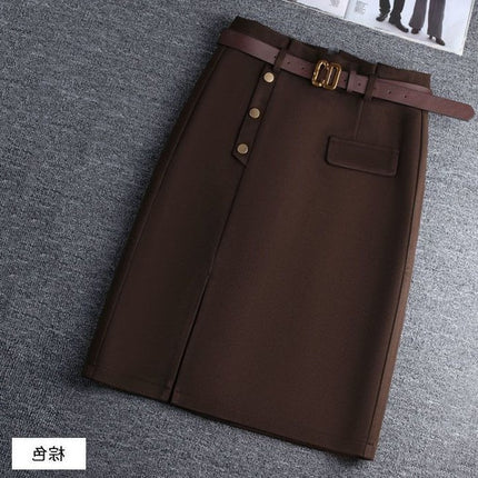 Woolen Skirt Women's Mid-Length 2024 Autumn and Winter High-Waisted Brown Petite Slit A-Line Hip Skirt Winter Skirt