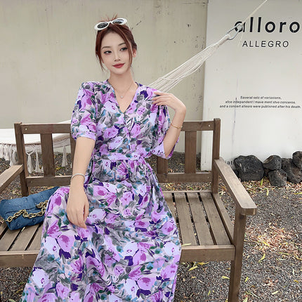 Cotton floral dress 2024 new thin waist pure wind Amazon artificial cotton beach dress fairy dress