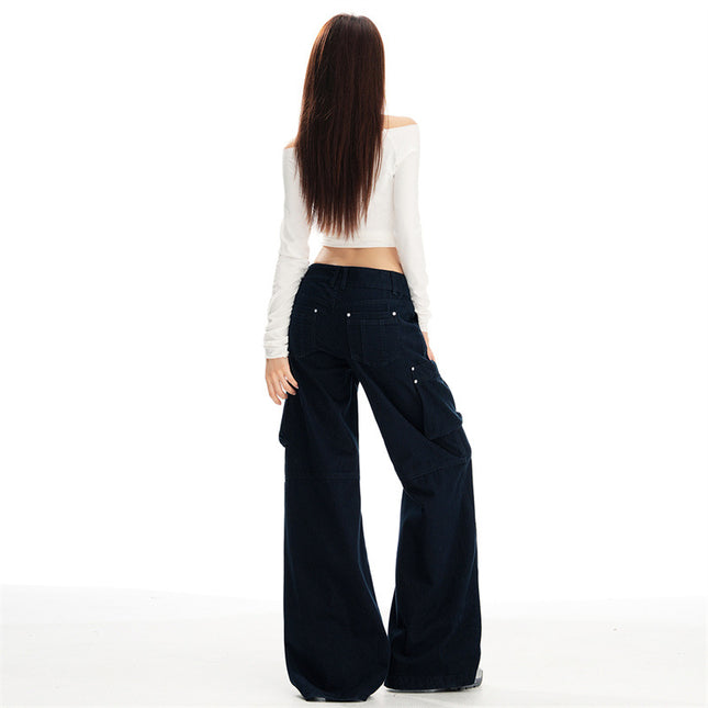 Raccoon House # European and American Cross-Border Low-Waist Slightly Spicy Beaded Double-Button Work Jeans for Hot Girls with Drapey Floor-Length Bell-Bottom Pants