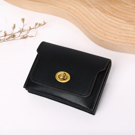 New Stylish Multi-Compartment Lock Buckle Card Holder Versatile Retro Mini Coin Purse Solid Color Trendy Women's Leather Wallet