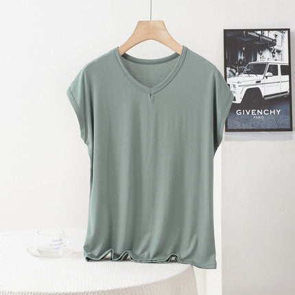 Cross-border New plus size Plus Fat V-neck Small Sleeve Summer Modal Elastic Base Shirt Loose Casual Simple T-shirt