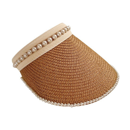 Straw Pearl Sun Hat Headband Empty Top Straw Hat Women's Summer Hairpin Topless Face Covering Sun Protection Sun Hat Outdoor