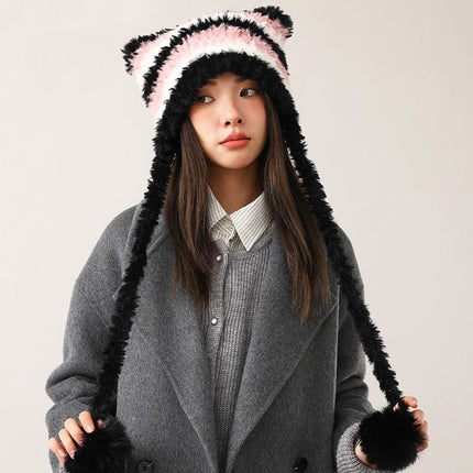 Winter color matching Korean style women's striped face-looking plush warm knitted wool hat big head circumference ear protection pile hat