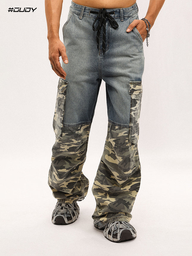 # OVDY Vintage Wash and Distressed Pants PROJECT G/R Stitching Camouflage Drawstring Tooling Denim Paratrooper Pants