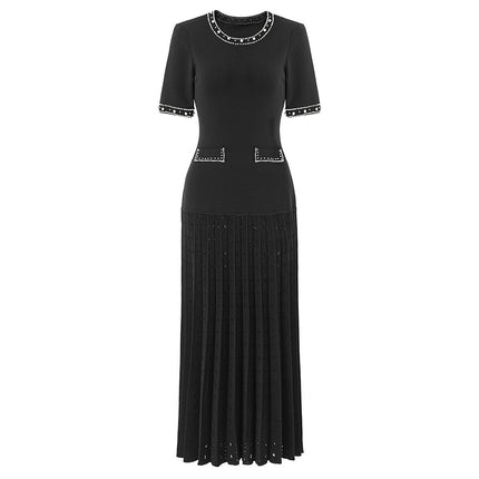 Cross-Border European and American Style Women's Clothing, New Spring and Summer Beaded Short-Sleeved Waist-Cinching Ladylike Style New Knitted Dress
