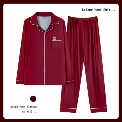 High-End Men's Pajamas Spring and Autum New Pure Color Long-Sleeved Pants Scandinavian Style Imitation Cotton Home Wear Set