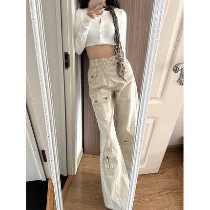 American Retro Pocket Design Workwear Jeans for Women, Summer New High-Waisted Loose Slimming Flared Floor-Length Pants
