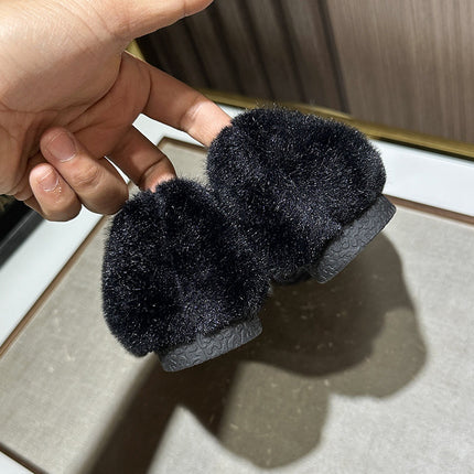 2025 Winter New Furry Shoes for Women, Winter Infrared Wear Fleece-Lined Bean Shoes, Black Cotton Scoop Shoes, Flats Warm Singles