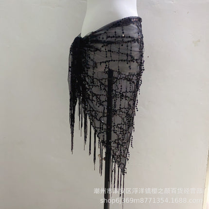 in stock Dance Suit Sequins Tassel Triangle Towel Table Performance Hip Towel Practice Waist Chain Waist Towel Belly Dance Waist Chain Europe and America