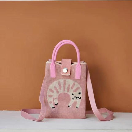 New Woven Simple Fashion Mobile Phone Bag Cute Cartoon Cat Knitted Bag Women's Small Square Bag Color Heart