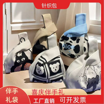 Knitted Cat Handbag, Trendy Cartoon Women's Bag, Versatile Bag, Lunch Bag, Hand-Carry Shoulder Bag, Small Square Bag, Portable