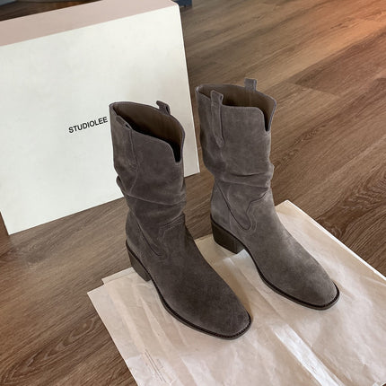 Cowhide Version ~ Slim Knight Boots 2025 New V-Mouth Thick Heel Heightening Slimming Large Tube Short Boots Women's Boots