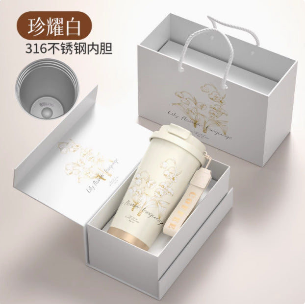 High Yan Value Lily Flower Coffee Thermos Cup Engraving to Send Teachers Accompanial Cup Business Gift with Gift Box Water Cup