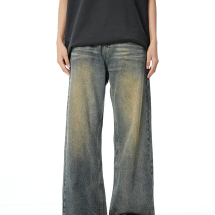 Niche worn-out vintage washed straight jeans men's autumn New loose all-match wide-leg mop pants