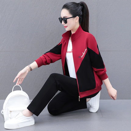 High Cotton Color-Block Two-Piece Fashion Casual Sports Suit for Women, Spring and Autumn, Middle-Aged Mom, Stand Collar Cardigan and Color-Block Sweatpants
