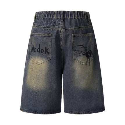 Cross-Border Popular Source | Hand-Painted Spider Denim Shorts Men's Summer Loose Retro Distressed Blue Straight-Leg Trousers