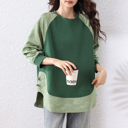 Real Shot of Green New Chinoiserie Jacquard Thin Sweatshirt for Women Spring and Autum Loose Large Size Fat mm Women's Splicing Top