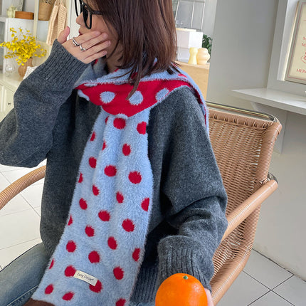 Strawberry & Blueberry Heartbeat Jam Color 25-Year Korean Style New Polka Dot Knitted Plush Scarf for Women with a High-End Feel
