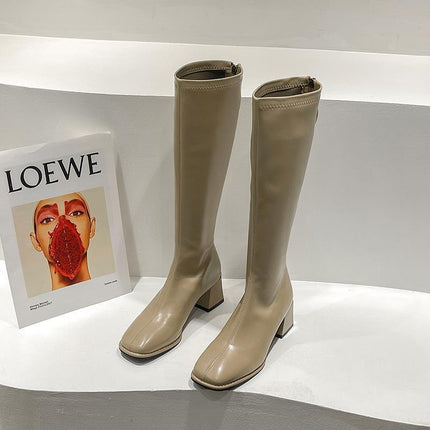 High-Top Knight Boots for Women with Plush Lining, 2025 Autumn and Winter New Style, Petite Knee-High Boots with Chunky Heels and Square Toe, Plus-Size Boots
