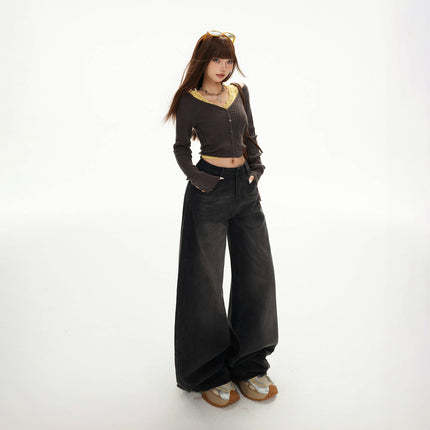 Raccoon House # 2-Color American Retro High-Waisted Loose Wide-Leg Pants, Versatile Ins Draped Autumn and Winter Straight Jeans for Women