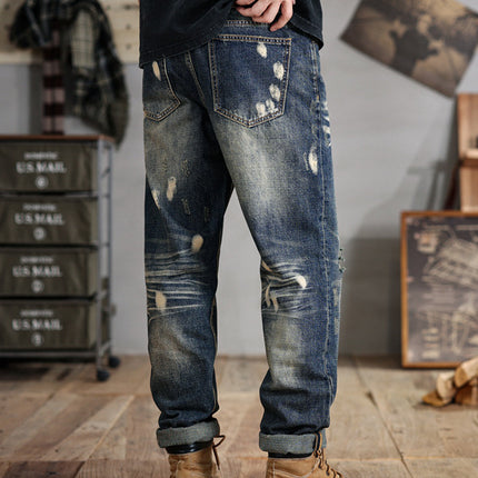 Plus-Size Men's American-Style Ripped Jeans with a Unique Personality, Oversized Loose Wide-Leg Trendy Pants for Big Guys