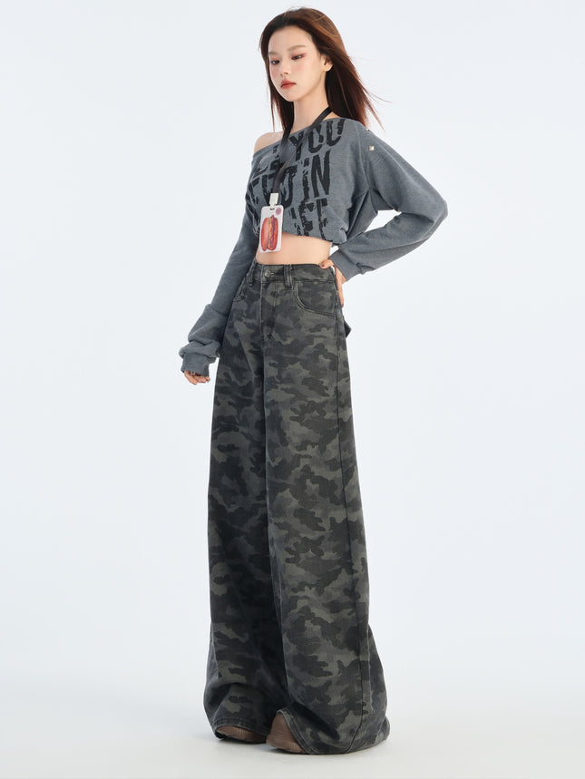American Grey Overalls Wide Leg Camouflage Jeans 2025 Spring New Women's High Waist Loose Slimming Straight Leg Pants
