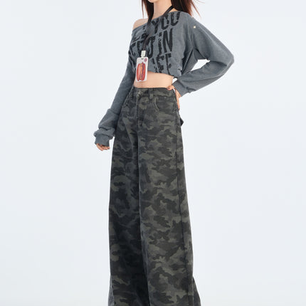 American Grey Overalls Wide Leg Camouflage Jeans 2025 Spring New Women's High Waist Loose Slimming Straight Leg Pants