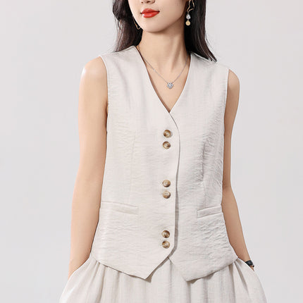 Linen V Neck Vest Cardigan for Women 2025 Summer New Pure Color Sleeveless with Pockets Layered Loose Waistcoat Top