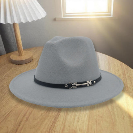 European and American Autumn and Winter Woolen Denim Jazz Felt Hat with Cow Head Label, Large Brim Fedora, Xizang Ethnic Style Outdoor Bucket Hat
